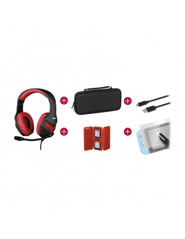 Konix Mythics Gamer Switch Casque Pack + Housse de transport + Protecteur d'écran en verre trempé + Étui pour 4 cartouches de jeu + Câble USB vers USB-C