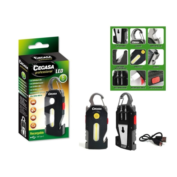 Lampe de poche de survie professionnelle Cegasa COB + 1 LED jusqu'à 400 lm - Autonomie jusqu'à 1,5 h - Batterie USB-C 300 mAh - Noir