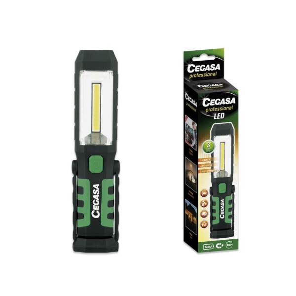 Lampe de poche LED magnétique professionnelle Cegasa - COB latérale, LED supérieure et éclairage de secours - Crochet réglable à 360° - Fonctionne avec 2 piles AAA (non incluses) - Noir/Vert