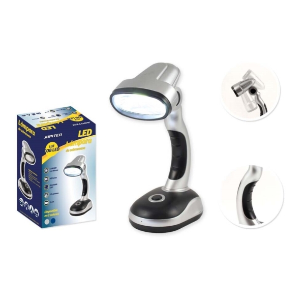 Lampe de table Jupiter COB-LED 40 lm - Peut également servir de lampe de poche - Fonctionne avec 3 piles AA - Argent/Noir