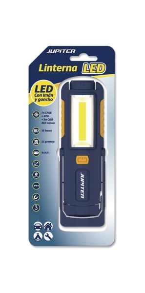 Lampe de travail LED + COB Jupiter 250 lm - Avec aimant et crochet - Résistance IP44 - Fonctionne avec 4 piles AA (non incluses) - Couleur bleue