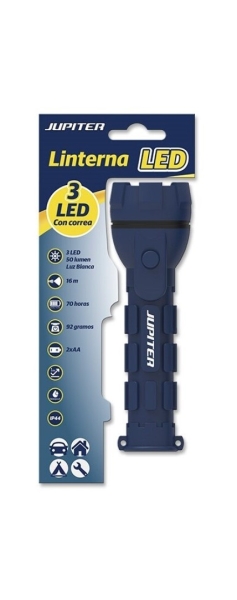 Lampe torche Jupiter White Light 3 LED 50 lm - Corps en caoutchouc - Résistance IP44 - Fonctionne avec 2 piles AA (incluses) - Couleur bleue