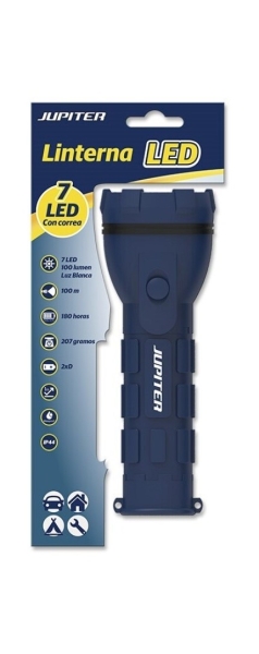 Lampe torche Jupiter White Light 7 LED 100 lm - Corps en caoutchouc - Résistance IP44 - Fonctionne avec 2 piles D R20 (non incluses) - Couleur bleue