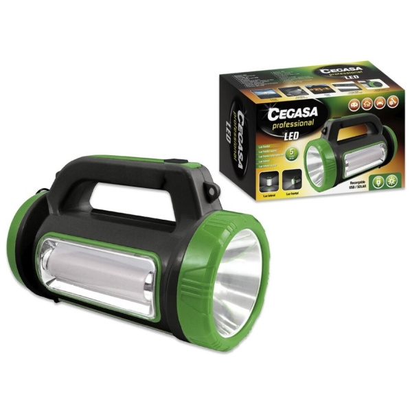 Lampe torche LED multifonction professionnelle Cegasa - 5 modes d'éclairage - Batterie 1800 mAh - Alimentation solaire et USB - Noir/Vert