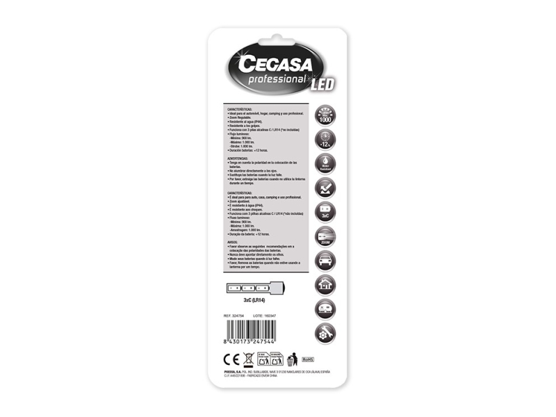 Lampe torche LED professionnelle Cegasa 1000 lm - Dimensions : 22,5 x 5 cm - En aluminium - Fonctionne avec 3 piles C LR14 (non incluses)