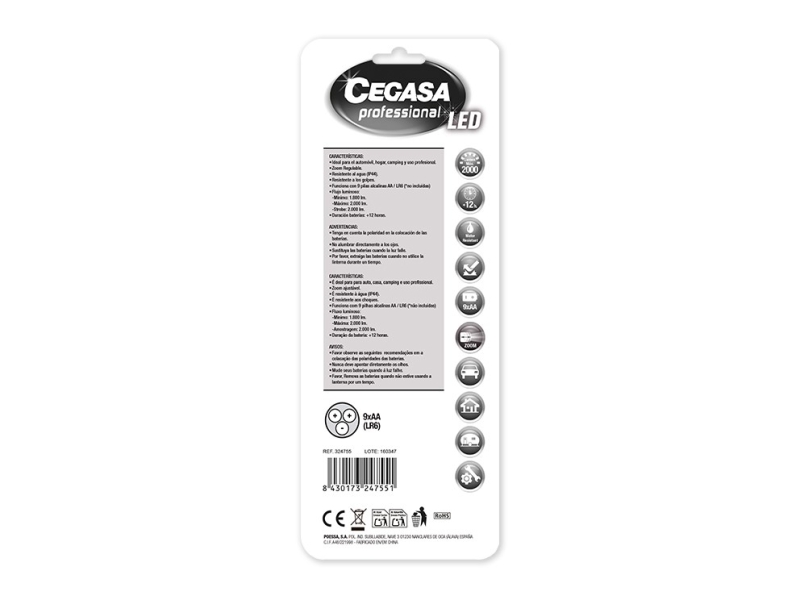 Lampe torche LED professionnelle Cegasa 2000 lm - Dimensions : 24 x 5,5 cm - En aluminium - 3 positions - Fonctionne avec 9 piles AA (non incluses)