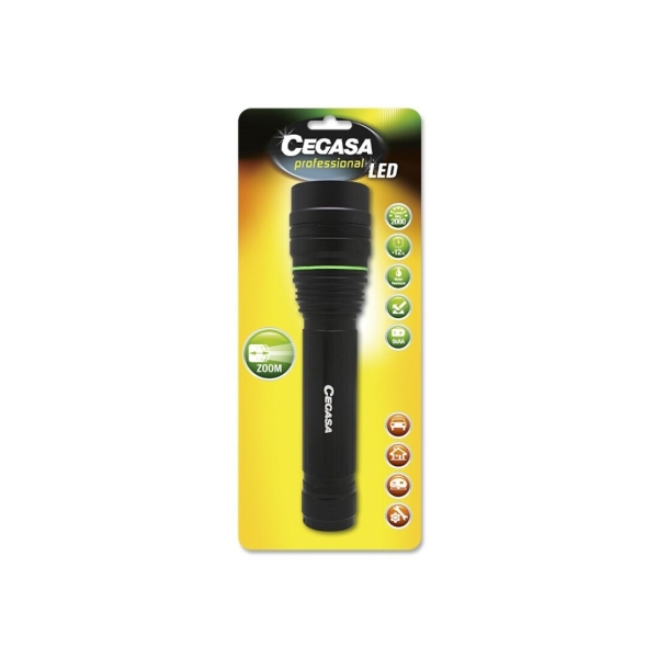 Lampe torche LED professionnelle Cegasa 2000 lm - Dimensions : 24 x 5,5 cm - En aluminium - 3 positions - Fonctionne avec 9 piles AA (non incluses)