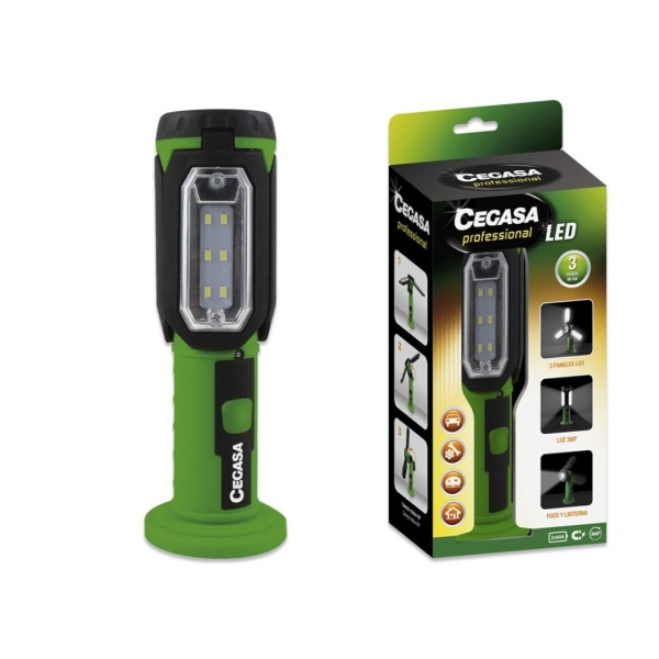 Lampe torche LED professionnelle Cegasa - 3 panneaux LED et façade - 3 modes d'éclairage - Fonctionne avec 3 piles AAA (non incluses) - Noir/Vert