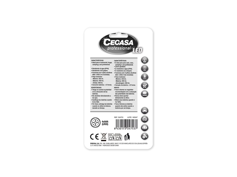 Lampe torche LED professionnelle Cegasa 400 lm - Dimensions : 12 x 4 cm - En aluminium - Fonctionne avec 4 piles AAA (non incluses)