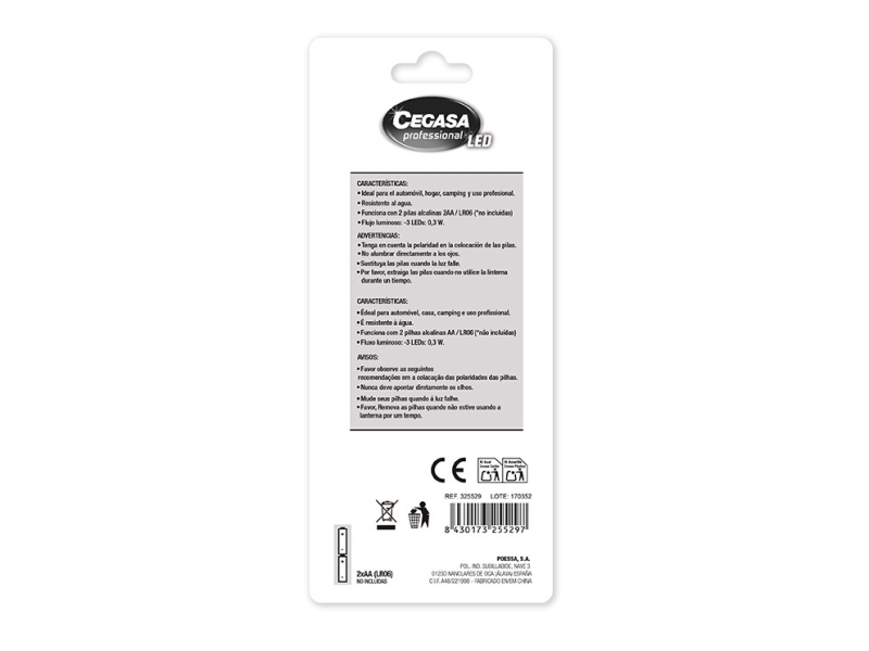 Lampe torche professionnelle Cegasa 3 LED - Résistante aux chocs et à l'eau IP44 - Fonctionne avec 2 piles AA LR6 (non incluses)