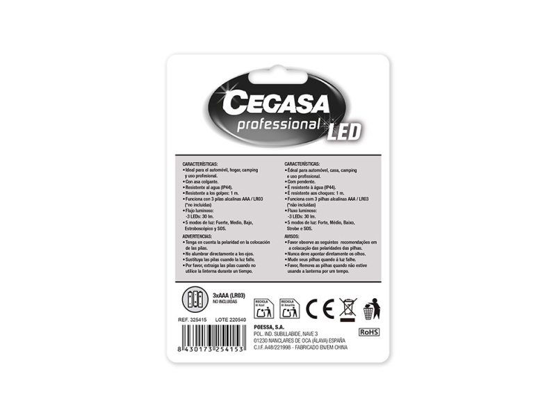 Lampe torche professionnelle Cegasa 5 LED 30 lm - Crochet de suspension - 5 modes d'éclairage - IP44 résistant aux chocs et à l'eau - Fonctionne avec 3 piles AAA (non incluses)