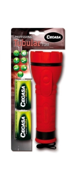 Lampe torche professionnelle Cegasa 7 LED - Corps en caoutchouc antidérapant - Résistante aux chocs et à l'humidité - Fonctionne avec 2 piles LR20 (incluses)