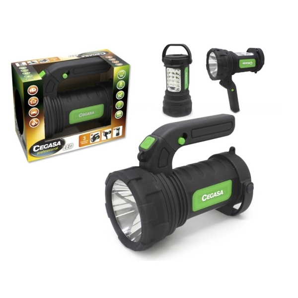 Lampe torche/projecteur LED professionnel Cegasa 220 lm - Mode lampe torche, projecteur et lampadaire - Fonctionne avec 3 piles AA (non incluses) - Noir/Vert