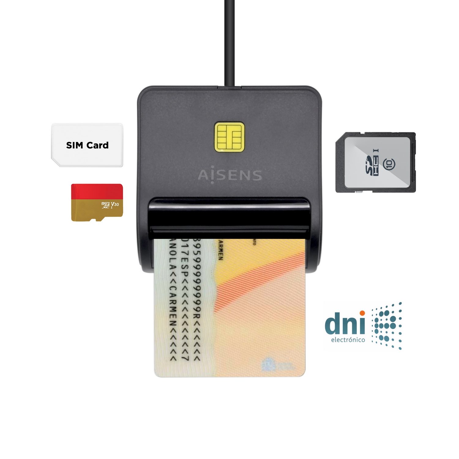 Lecteur de carte à puce Aisens DNI avec lecteur de carte SIM - SD - Micro SD - MMC - RS-MMC - MMC Micro - Couleur Noir