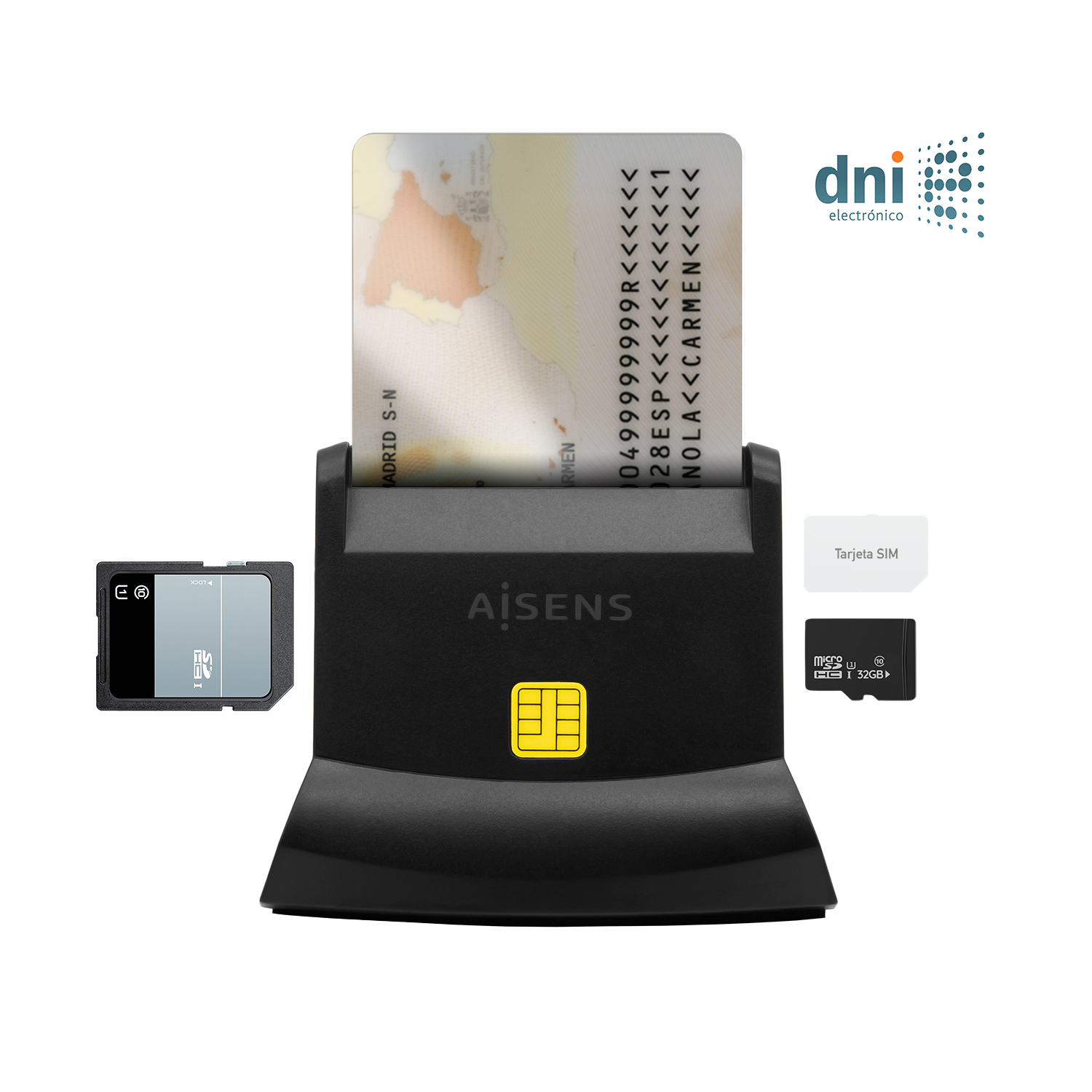 Lecteur de carte à puce Aisens USB-C DNI avec lecteur de carte SIM, SD, Micro SD, MMC, RS-MMC, MMC - Couleur noire