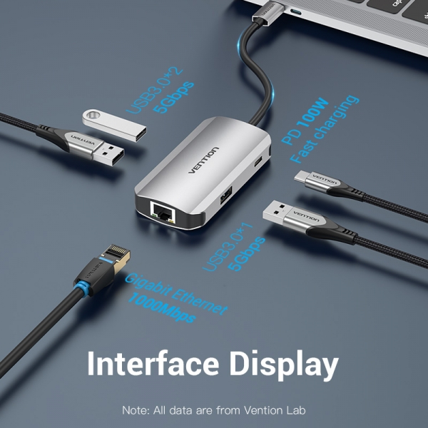 Lecteur de Carte Vention HUB 6 en 1 USB-C vers 3xUSB3.0/SD/MicroSD/PD100W - 0,15m - Couleur Gris