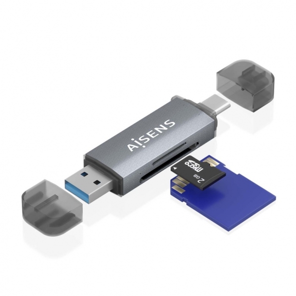 Lecteur de cartes Aisens USB-C et USB-A - Compatible avec SD, Micro SD, MMC, RS-MMC - Supporte USB 3.1 Gen1 - Compatible avec Windows et Mac OS - Couleur Gris