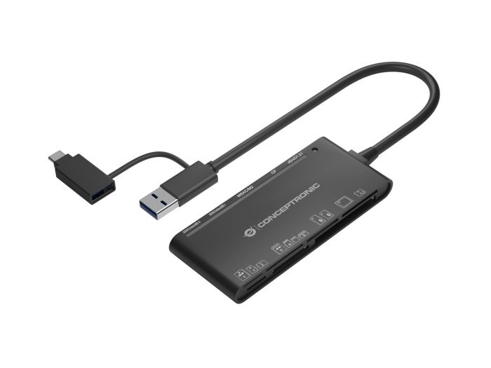 Lecteur de cartes Conceptronic 7 en 1 USB 3.0 avec adaptateur USB-C avec 2x SD/SDHC/SDXC, 1x Micro SD/T-Flash, 1x MS, 1x M2, 1x CF, 1x xD
