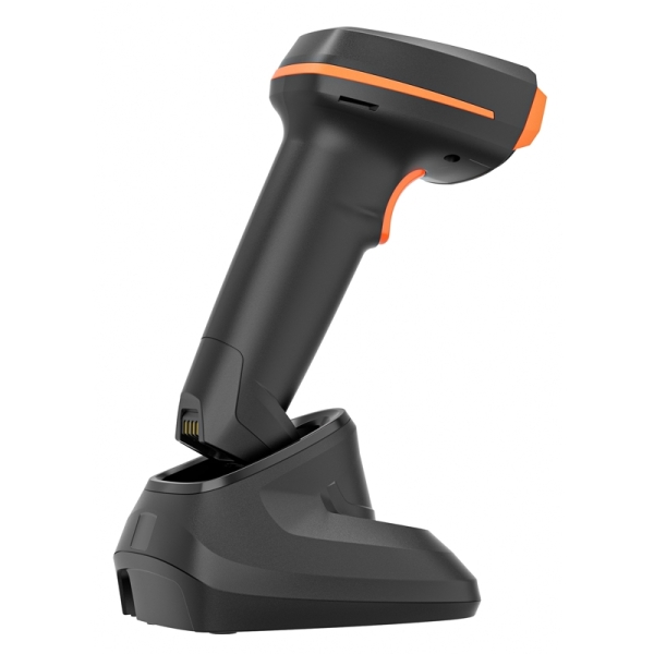 Lecteur de codes-barres 1D/2D sans fil environ avec base de chargement - Indicateur LED, bip et vibration - Vitesse de numérisation 60 ips - Déclenchement manuel ou automatique - Autonomie jusqu'à 12h - Couleur Noir/Orange