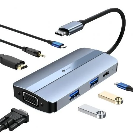 Leotec 7 en 1 USB-C vers 1xHDMI, 1xVGA, 1xUSB-A 3.0, 1xUSB-A 2.0, 1xUSB-C, 1x USB-C PD, 1xAdaptateur audio - Gris