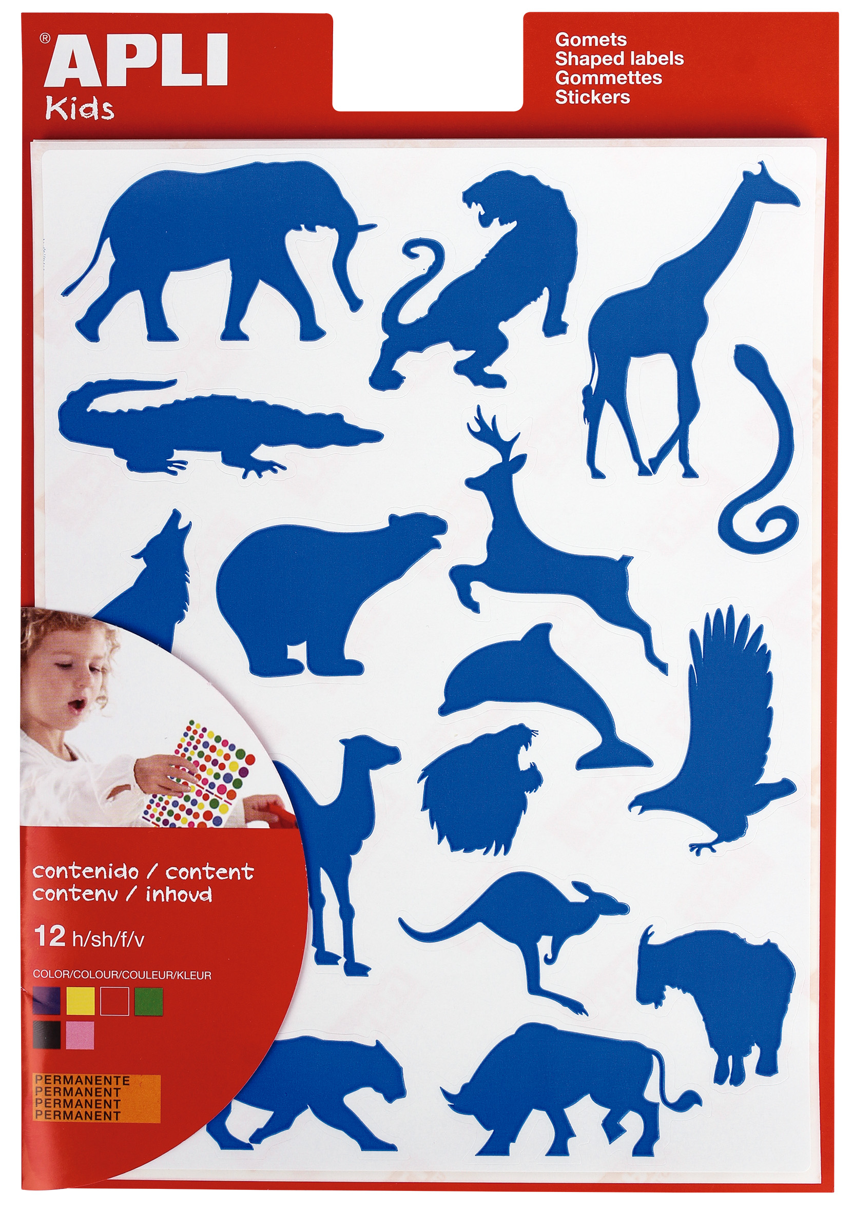 LOT de 10 Apli Gomets Wild Animals - 204 unités par sac - Formes d'éléphant, de tigre, de girafe et plus - Adhésif à base d'eau et matériaux 100 % recyclables