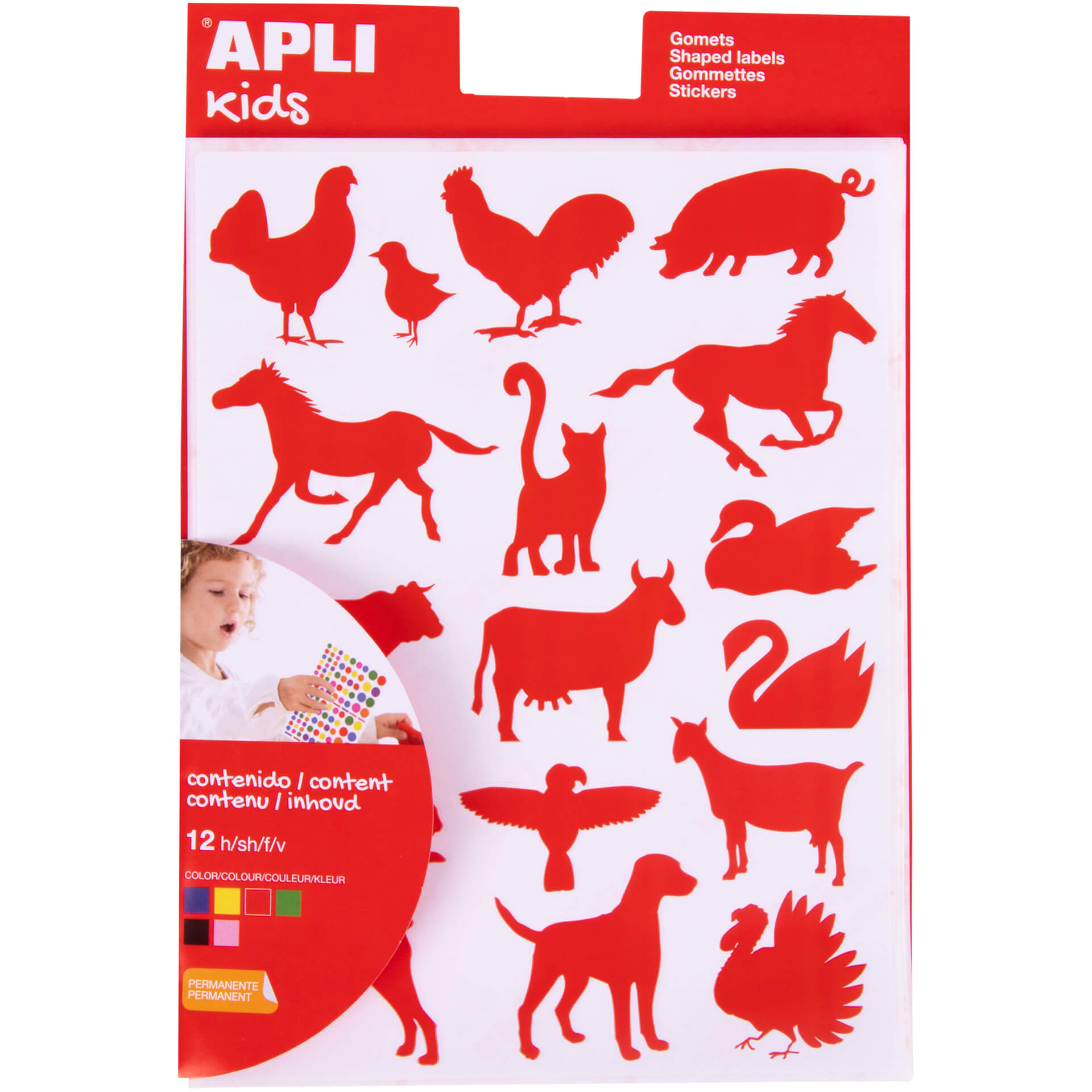 LOT de 10 Apli Sachet d'Autocollants Adhésifs Permanents en Forme d'Animaux de la Ferme - 204 Autocollants par Sachet - Développe les Habiletés Psychomotrices Fines et Conforme aux Normes de Qualité et de Sécurité