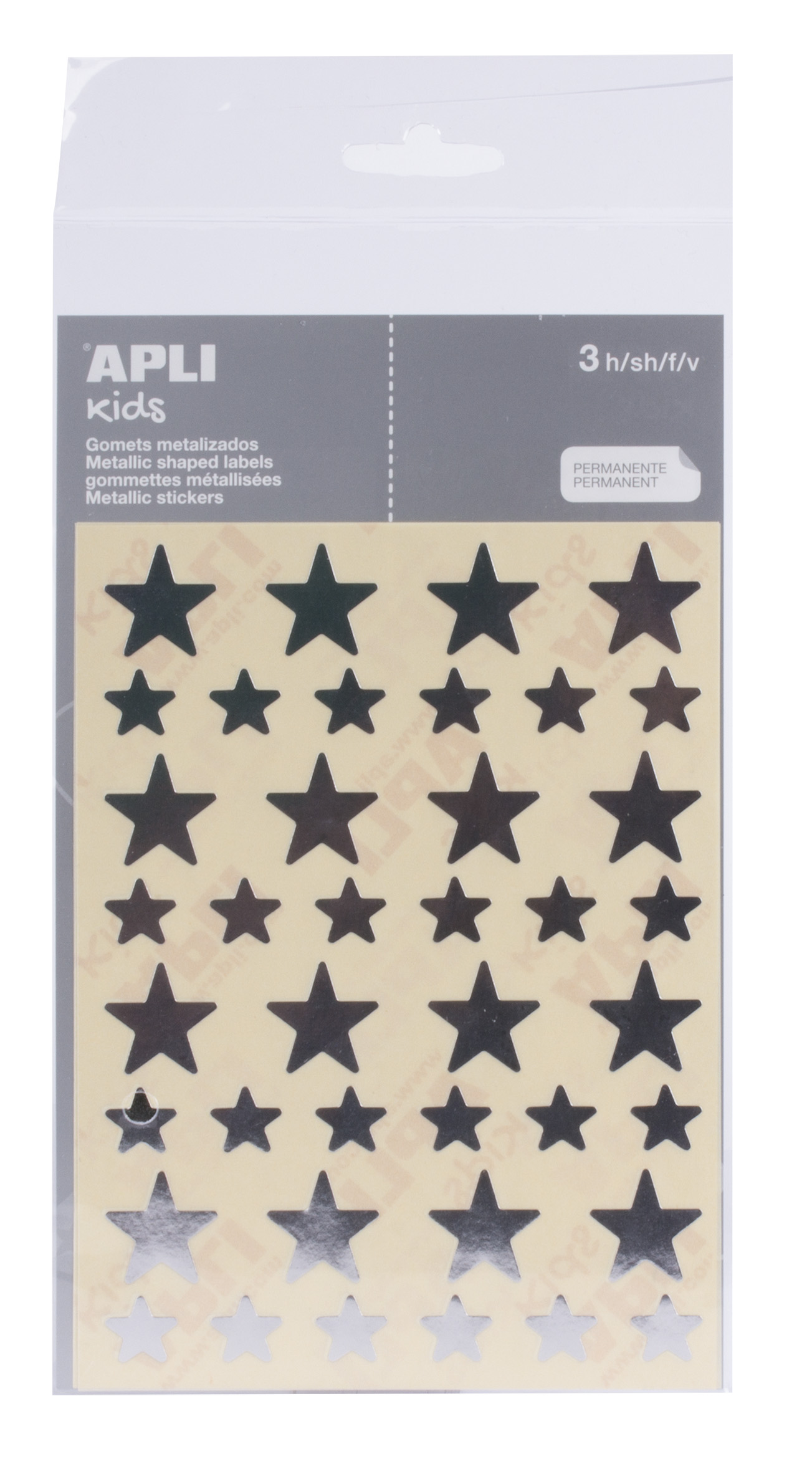 LOT de 10 Apli Star Shaped Gummy Bag - Taille 12,5 mm et 19,5 mm - Adhésif permanent argenté - 3 feuilles et 120 gommes - Normes EN-71 et FSC - Adhésif à base d'eau - Sans solvant - Papiers ECF - Matériaux 100 % recyclables