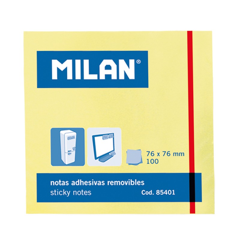 LOT de 10 Bloc Milan de 100 Notes Autocollantes - Amovibles - 76mm x 76mm - Couleur Jaune Clair