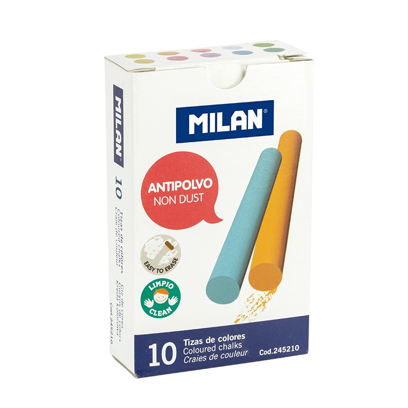 Lot de 10 craies de couleur Milan - Rondes - Antipoussière - Ne contient ni caséine ni gypse - Couleurs assorties