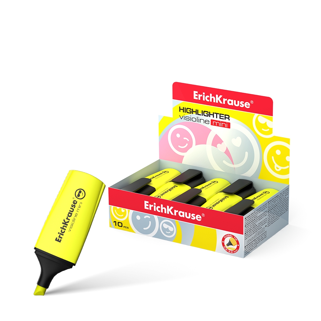 LOT de 10 Erichkrause Visioline Mini Fluorescent - Émoticônes amusantes - Pointe biseautée - Couleur jaune