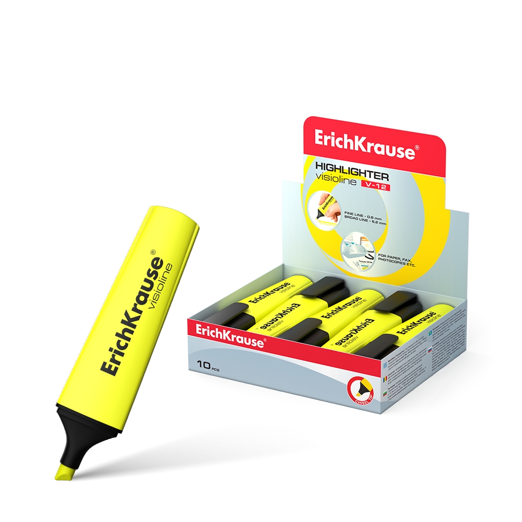 LOT de 10 Erichkrause Visioline V-12 - Marqueur de texte à pointe biseautée - Encre fluorescente à base d'eau - Couleur jaune