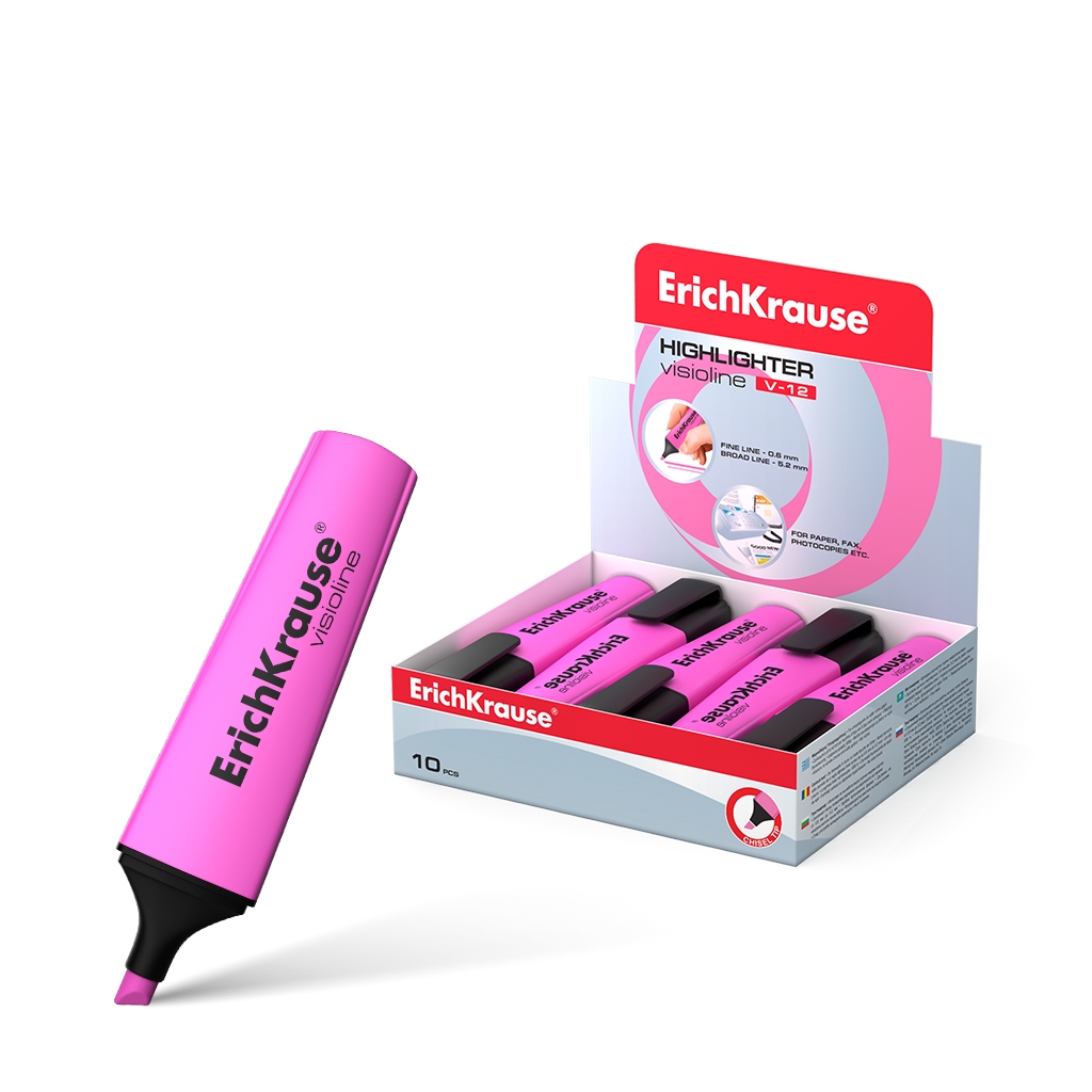 LOT de 10 Erichkrause Visioline V-12 - Marqueur de texte à pointe biseautée - Encre fluorescente à base d'eau - Couleur rose