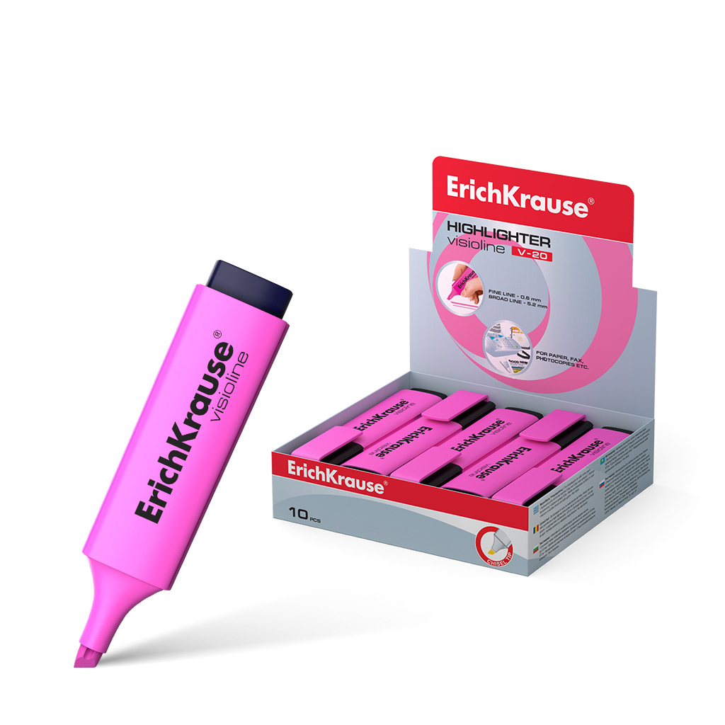 LOT de 10 Erichkrause Visioline V-20 - Marqueur de texte à pointe biseautée - Encre fluorescente à base d'eau - Couleur rose