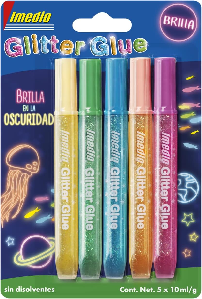 Pack de 5 Tubes de Colle Pailletée  Imedio "Glow in the Dark" 10 ml - Brille dans le Noir - Pour Différents Matériaux - Tube Extra Doux - Buse de Précision - Sans Solvant - Couleurs Assorties