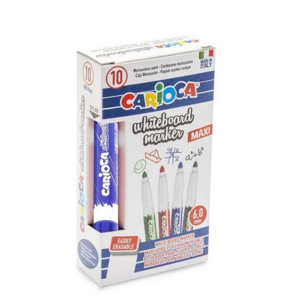 LOT de 10 Marqueur pour tableau blanc Carioca Maxi - Capuchon avec clip - S'efface facilement - Sèche rapidement - Pointe Ø 6 mm - Coloris Bleu