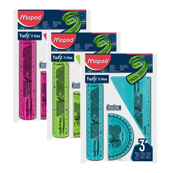 LOT de 10 Pack de règles flexibles Maped Twist'n Flex Original : règle de 15 cm, équerre de 60 °/15 cm, rapporteur de 180 °/10 cm, couleurs assorties aléatoires