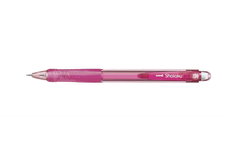 LOT de 10 Porte-mine Uni-ball Shalaku M5-100 - Largeur de trait 0,5 mm - 2 mines HB - Grip en caoutchouc anti-fatigue - Gomme intégrée - Couleur rose