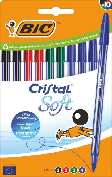 Lot de 10 stylos à bille Bic Cristal Soft - Pointe moyenne 1,2 mm - Course 0,45 mm - Écriture fluide - Couleurs assorties