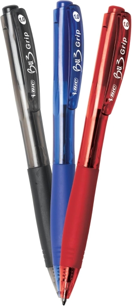Lot de 10 stylos à bille rétractables Bic Bu3 - Pointe moyenne 1 mm - Course 0,32 mm - Grip caoutchouc - Écriture plus fluide - Couleurs assorties