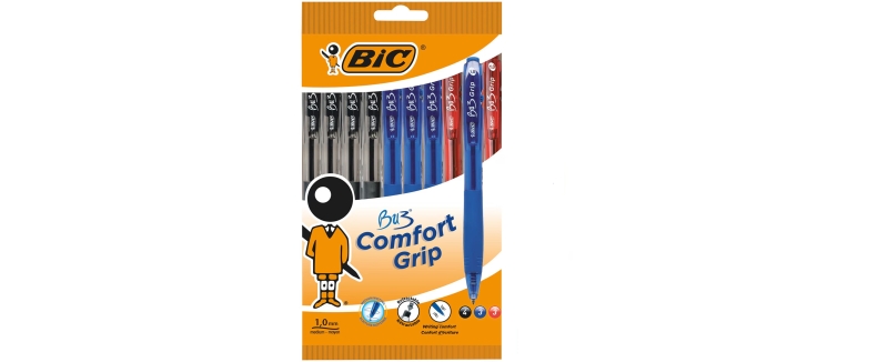 Lot de 10 stylos à bille rétractables Bic Bu3 - Pointe moyenne 1 mm - Course 0,32 mm - Grip caoutchouc - Écriture plus fluide - Couleurs assorties