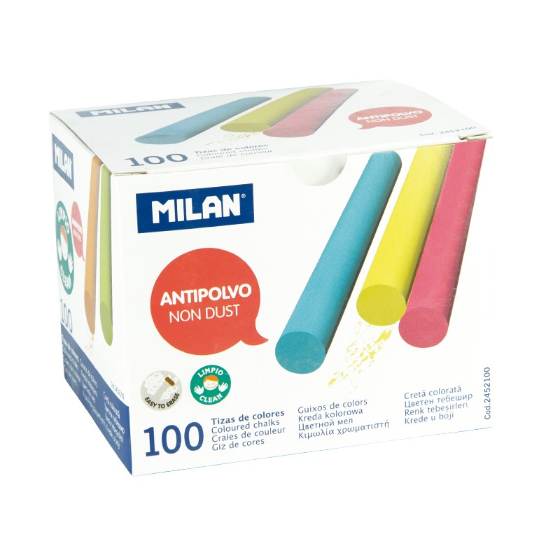 Lot de 100 craies Milan - Rondes - Anti-poussière - Ne contient ni caséine ni gypse - Couleurs assorties