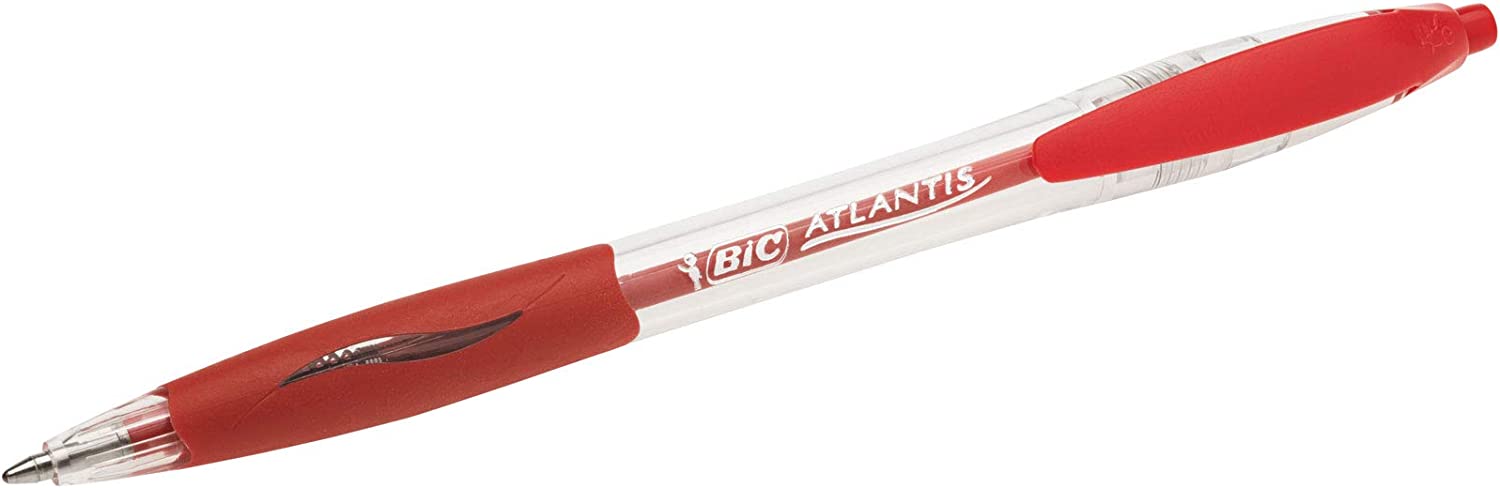 LOT de 12 Bic Atlantis Classic Stylo Bille Rétractable - Pointe 1mm - Corps Transparent avec Grip - Couleur Rouge