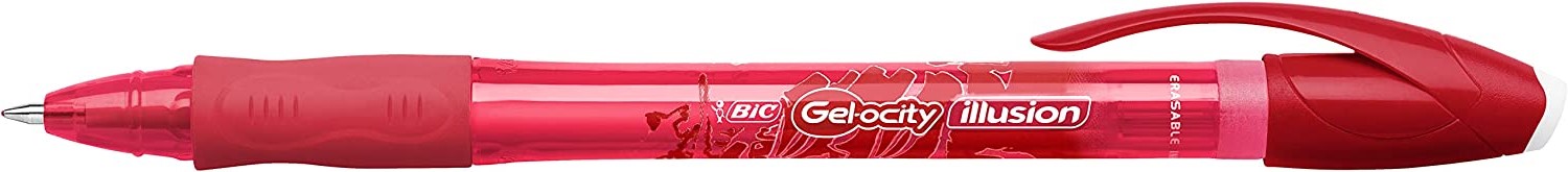 LOT de 12 Bic Gel-ocity Illusion Stylo à encre gel effaçable - Pointe moyenne 0,7 mm - Rechargeable - Grip en caoutchouc - Clip en plastique - Couleur Rouge