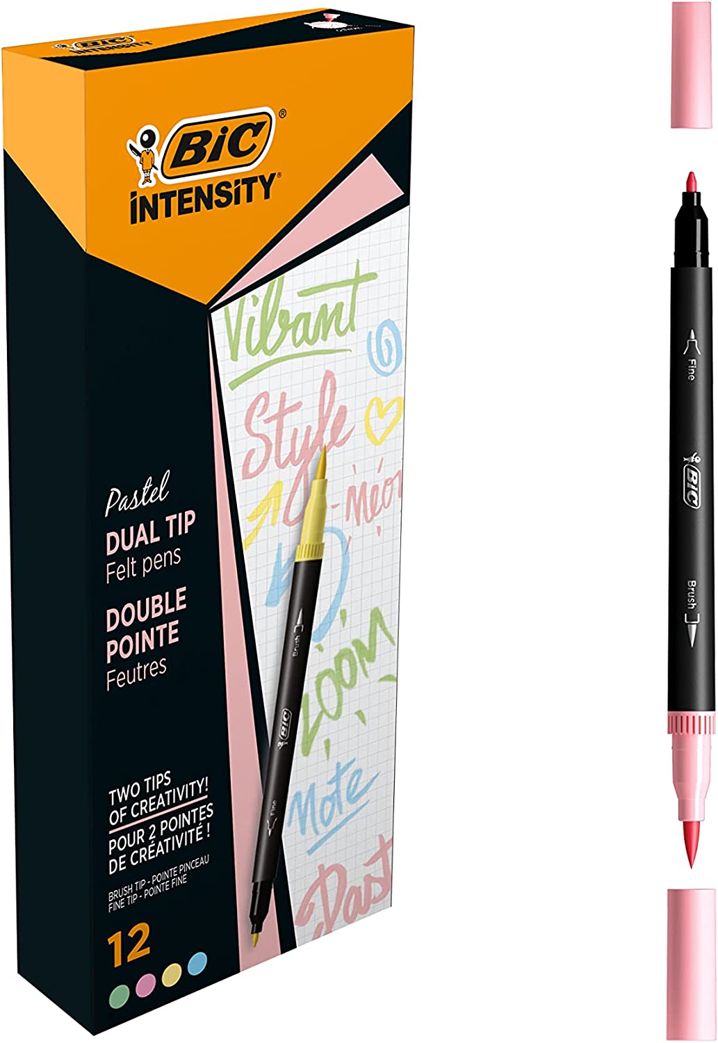 LOT de 12 Bic Intensity Stylo marqueur pastel à double pointe - Pointe pinceau + pointe fine - Encre à base d'eau - Couleurs pastel assorties
