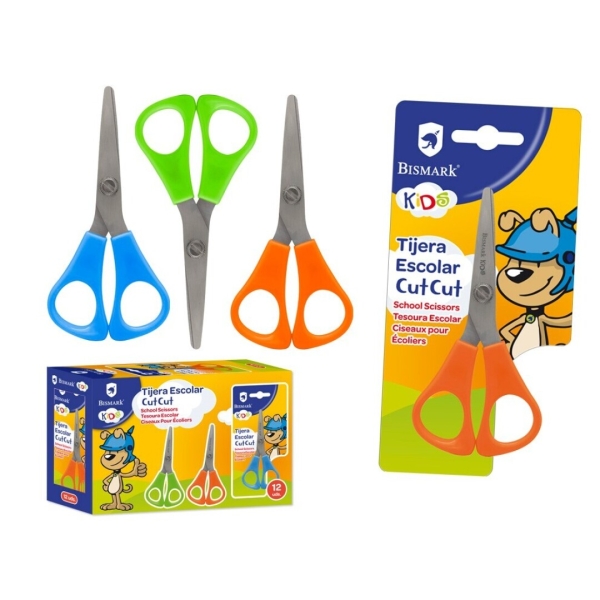 LOT de 12 Ciseaux d'école Bismark Kids Cut-Cut - Manches en plastique - Pointe émoussée - Couleurs assorties