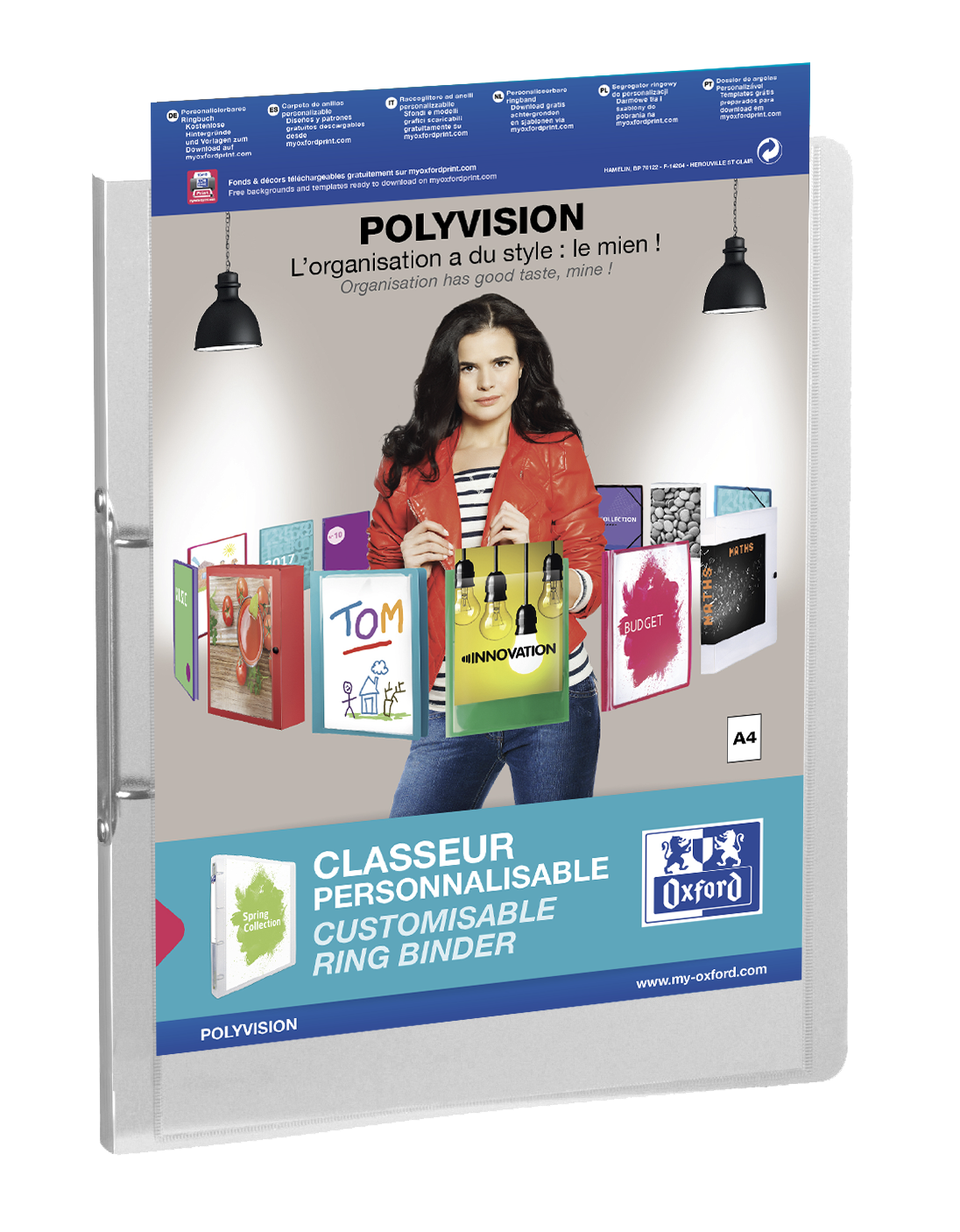 LOT de 12 Classeur à anneaux A4 Oxford Polyvision - Couverture plastique personnalisable - Dos 30 mm - 2 anneaux 20 mm - Transparent