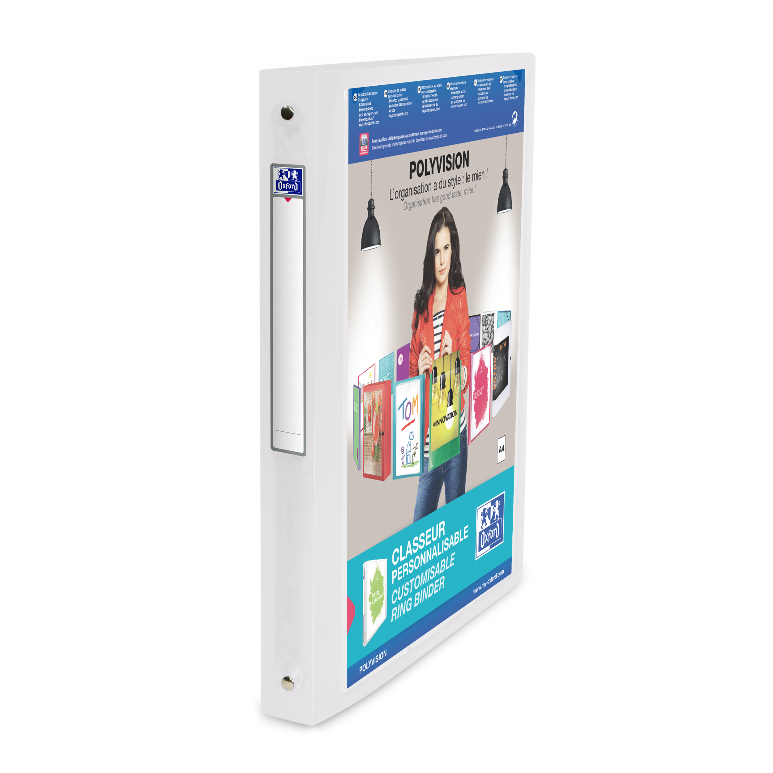 LOT de 12 Classeur à anneaux A4 Oxford Polyvision - Couverture plastique personnalisable - Dos 30 mm - 4 anneaux de 20 - Transparent