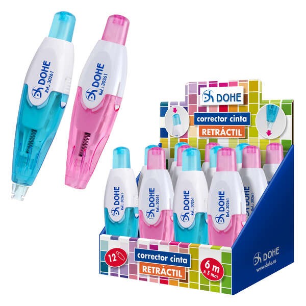 LOT de 12 Dohe Présentoir de 12 Correcteurs à Ruban Rétractable - Coloris Rose et Bleu - Corps Translucide