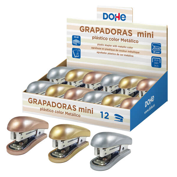 LOT de 12 Dohe Présentoir de 12 Mini Agrafeuses de Bureau - Matières Plastiques Premium - Capacité d'agrafage jusqu'à 15 Feuilles - Accepte les agrafes 22/6, 24/6 et 26/6