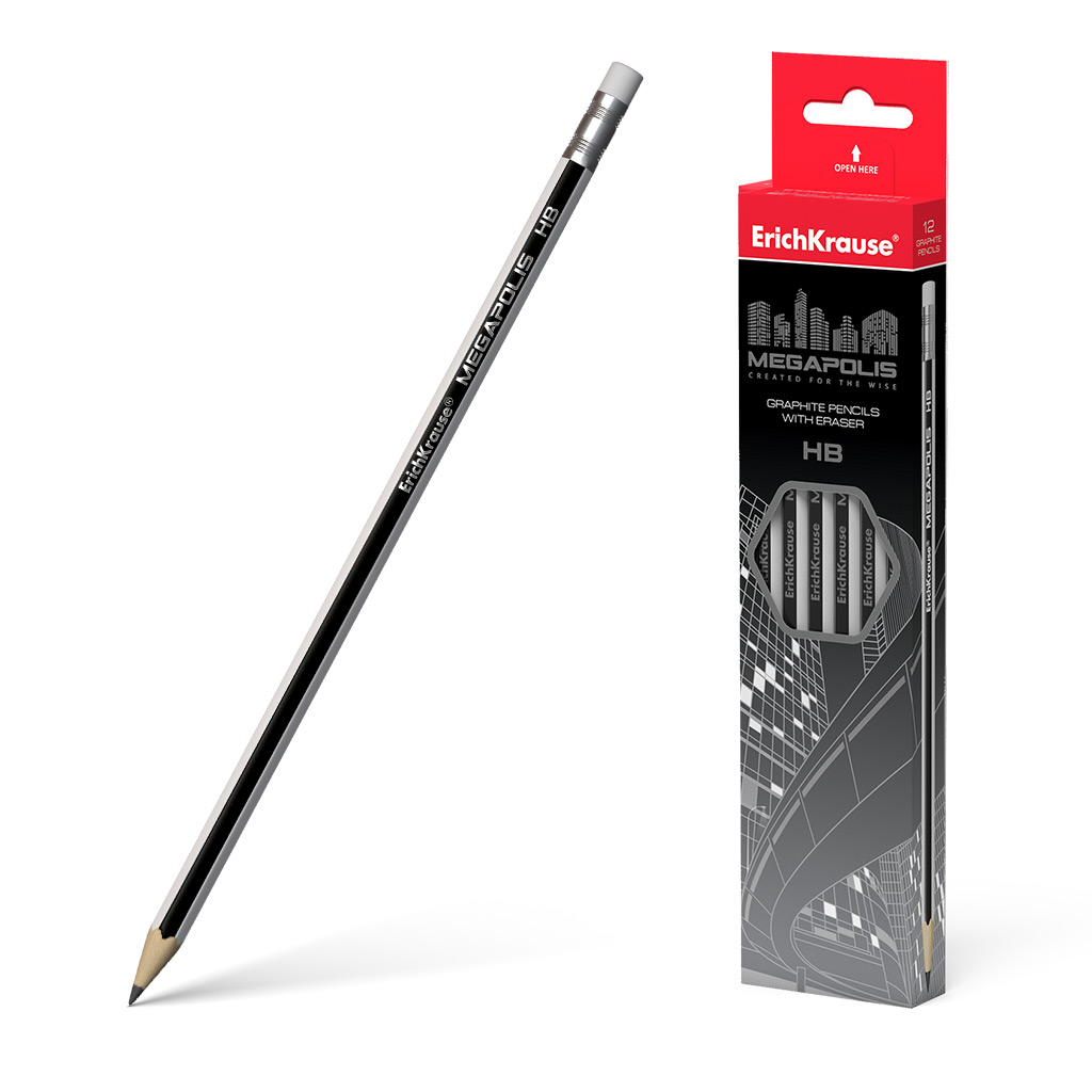 LOT de 12 Erichkrause Crayon Graphite Hexagonal avec Gomme Megapolis HB - Bois Sélectionné - Haute Résistance aux Chocs - Affûtage Facile - Caoutchouc Thermoplastique Hypoallergénique - Couleur Noir